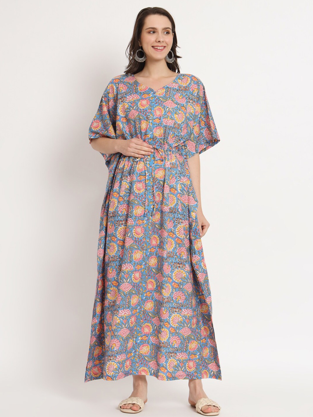 

Aujjessa Floral Printed Extended Sleeves Pure Cotton Maternity Kaftan Maxi Dress, Blue