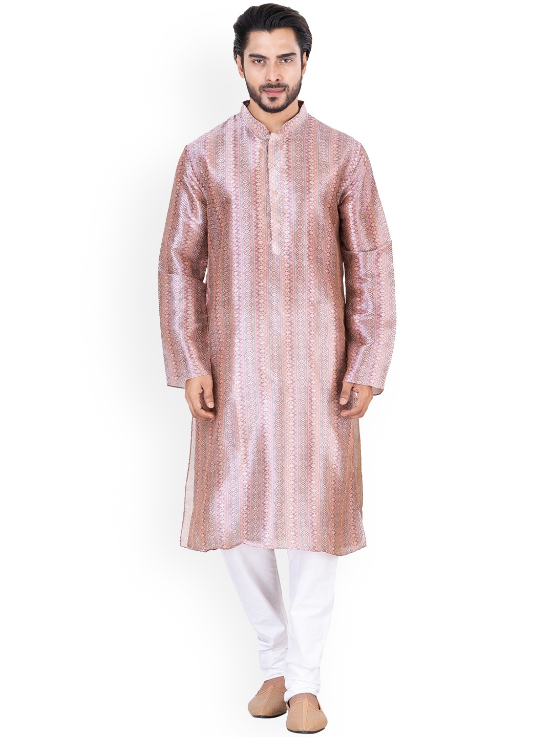 

HU - Handcrafted Uniquely Geometric Woven Design Mandarin Collar Kurta, Purple