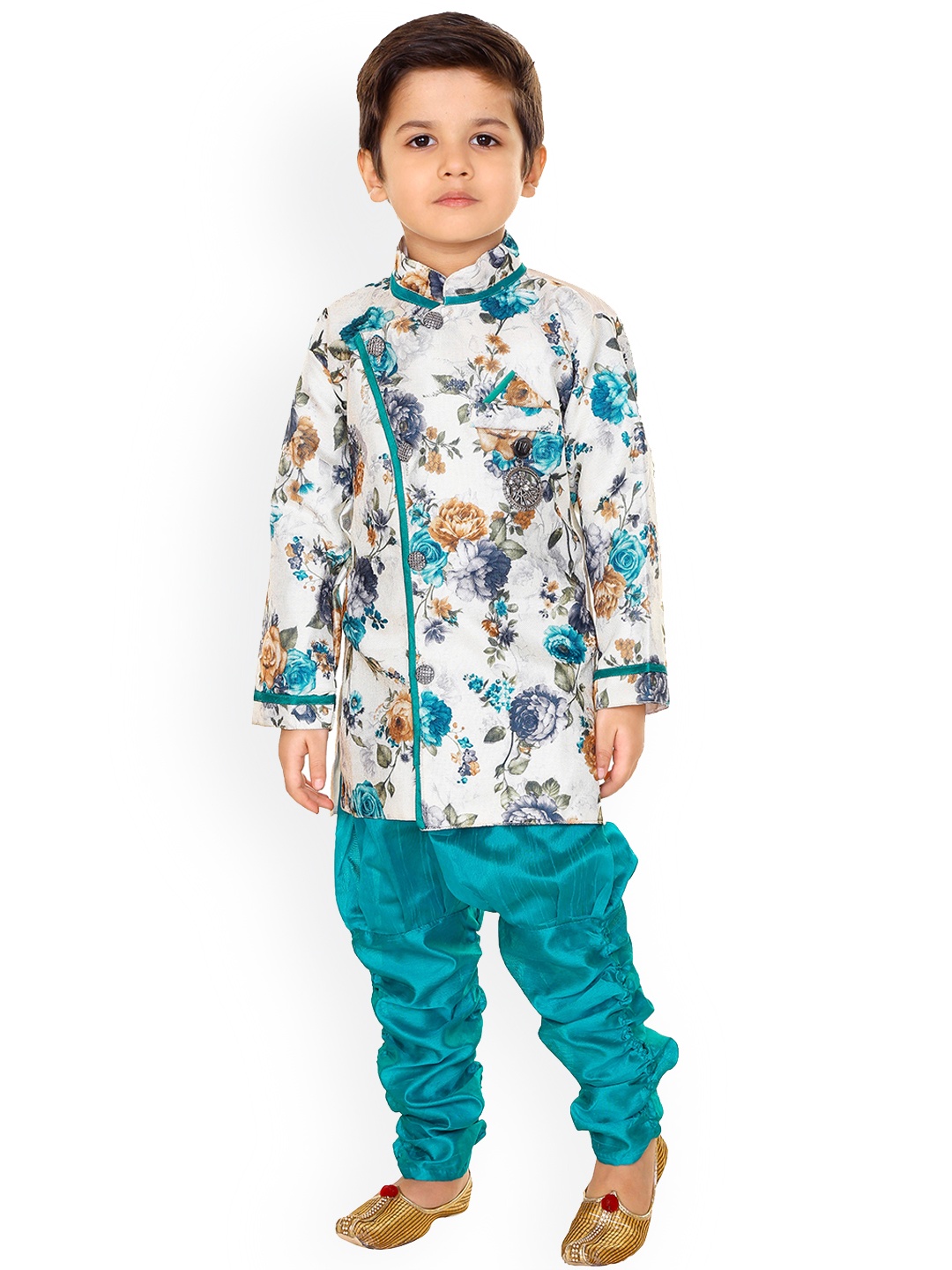 

BAESD Boys Floral Printed Angrakha Sherwani With Churidar, White