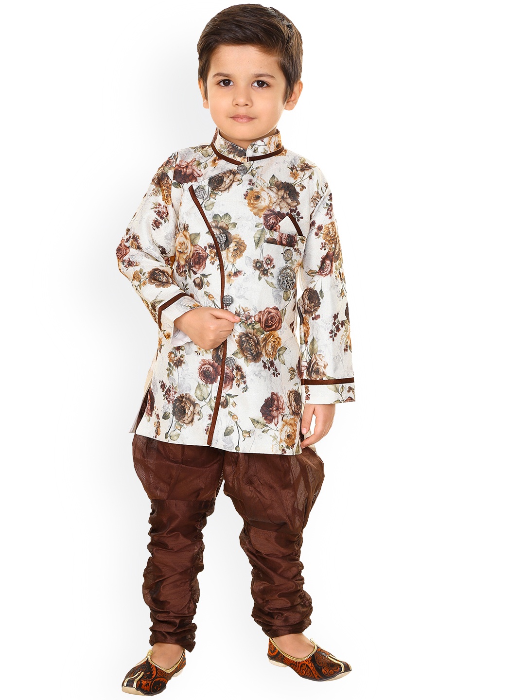 

BAESD Boys Floral Printed Angrakha Sherwani With Churidar, White