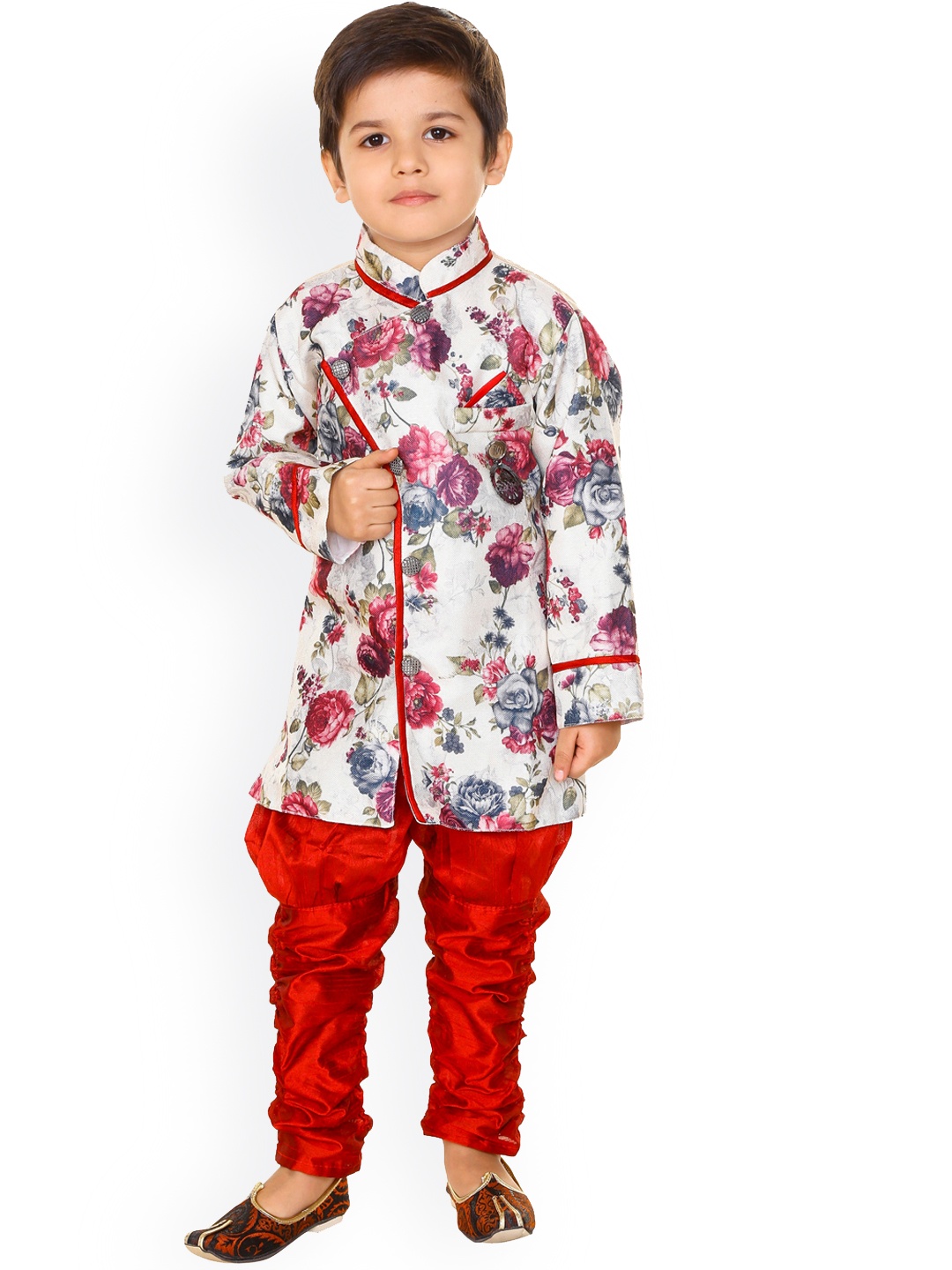 

BAESD Boys Floral Printed Angrakha Sherwani With Churidar, White