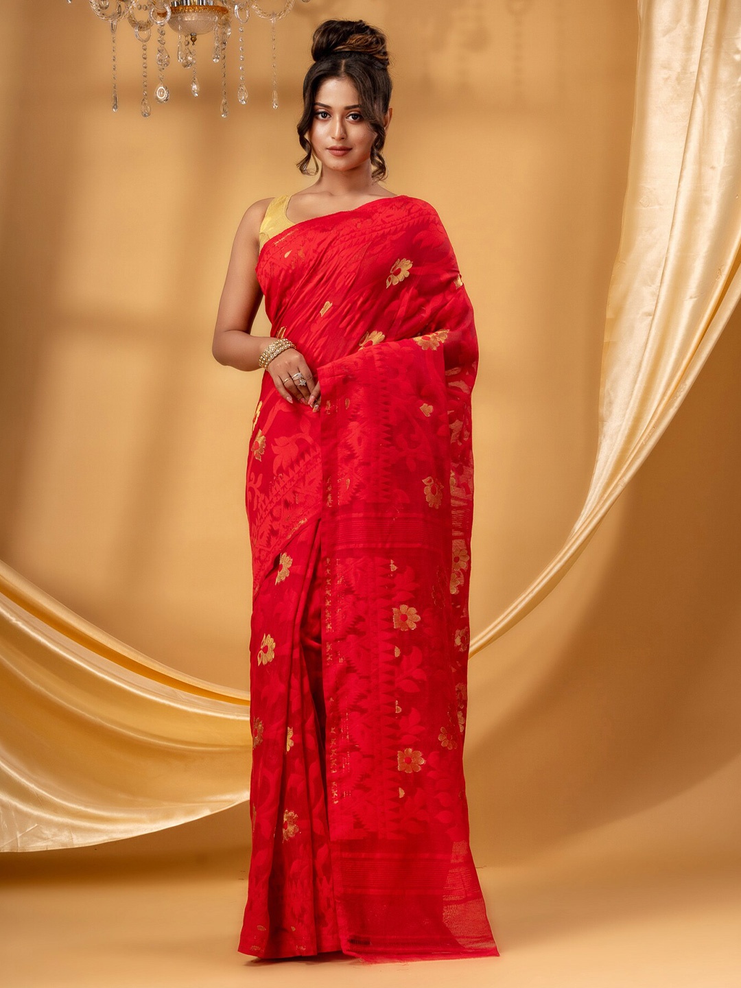 

DESH BIDESH Floral Woven Design Pure Cotton Jamdani Saree, Red