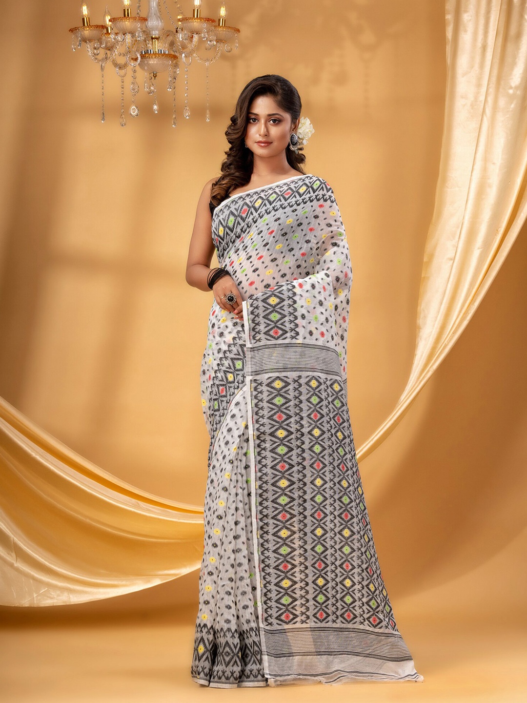

DESH BIDESH Ethnic Motifs Woven Design Pure Cotton Jamdani Saree, White