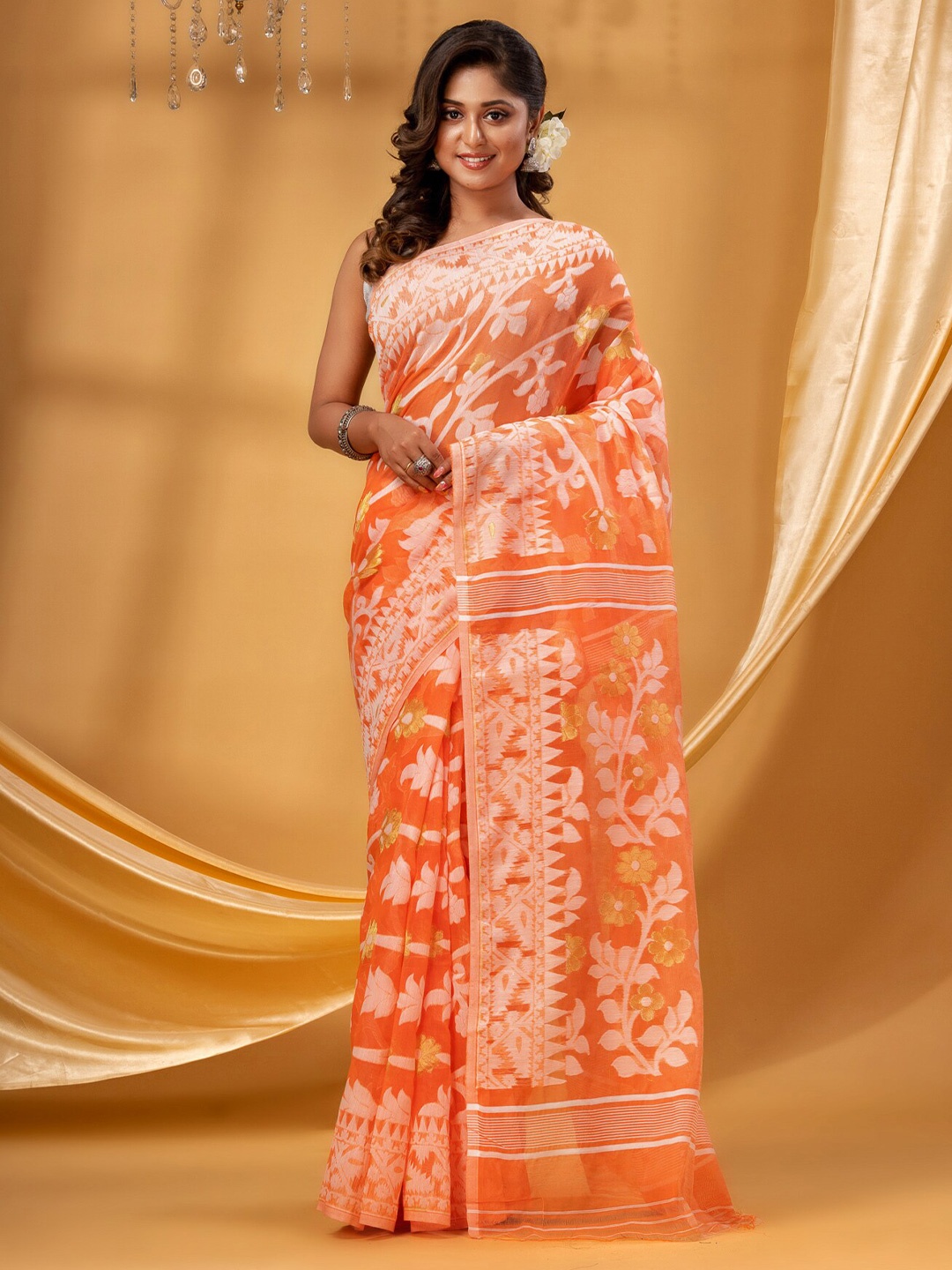 

DESH BIDESH Woven Design Zari Pure Cotton Jamdani Saree, Orange