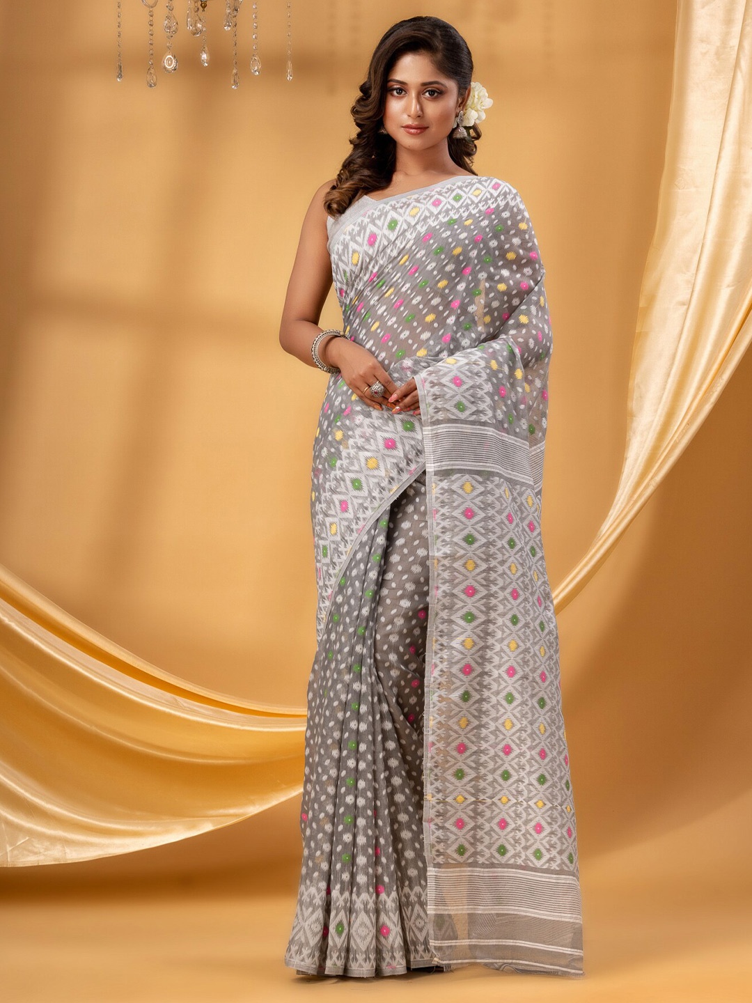 

DESH BIDESH Ethnic Motifs Woven Design Pure Cotton Jamdani Saree, White