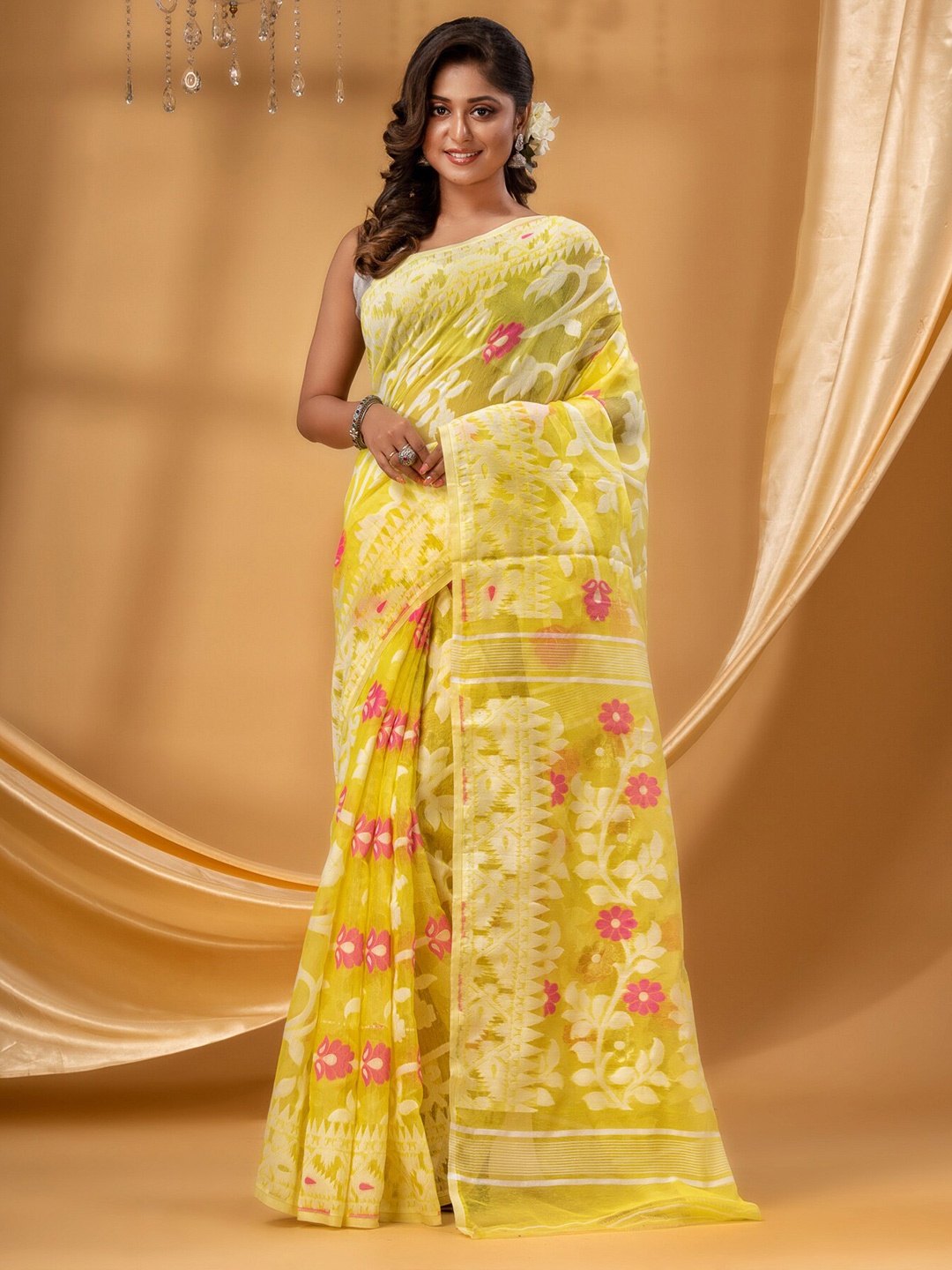 

DESH BIDESH Floral Woven Design Pure Cotton Jamdani Saree, Yellow