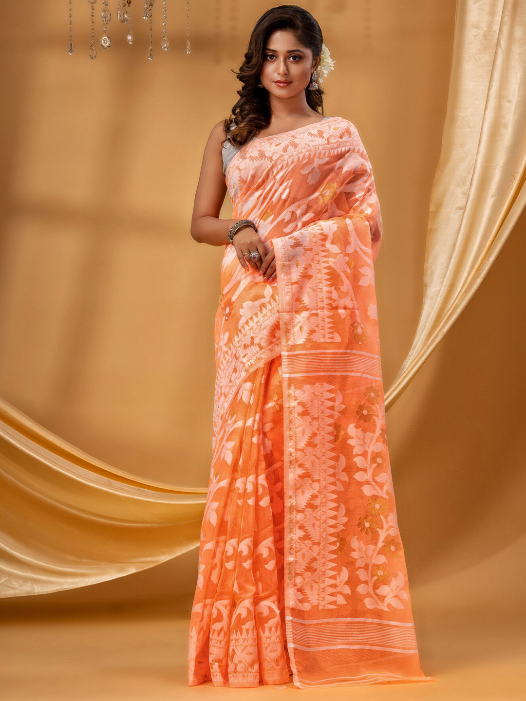 

DESH BIDESH Floral Woven Design Pure Cotton Jamdani Saree, Orange