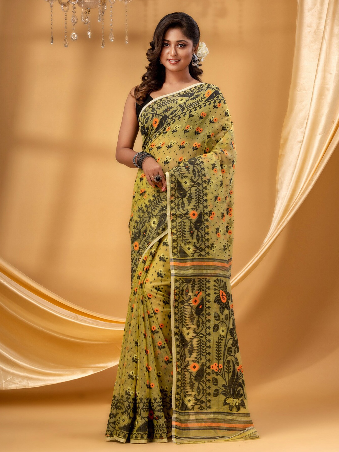 

DESH BIDESH Ethnic Motifs Woven Design Pure Cotton Jamdani Saree, Green