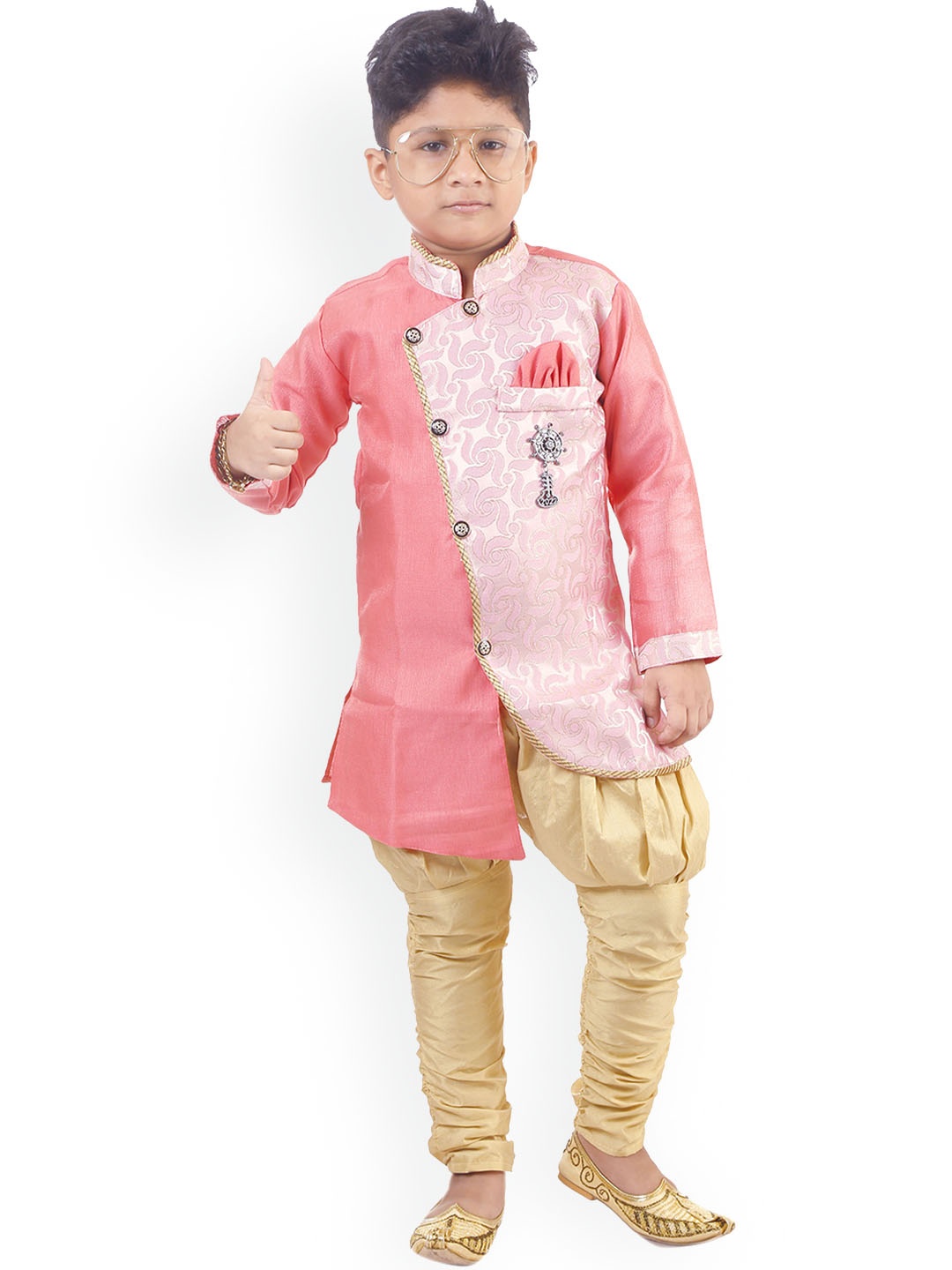 

BAESD Boys Ethnic Motifs Woven Design Angrakha Sherwani With Jodhpuri Pants, Pink