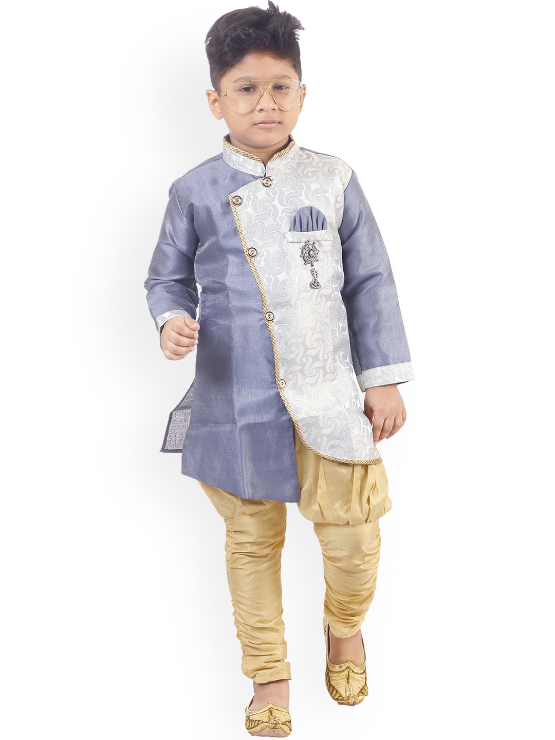 

BAESD Boys Floral Woven Design Angrakha Sherwani With Jodhpuri Pants, Grey