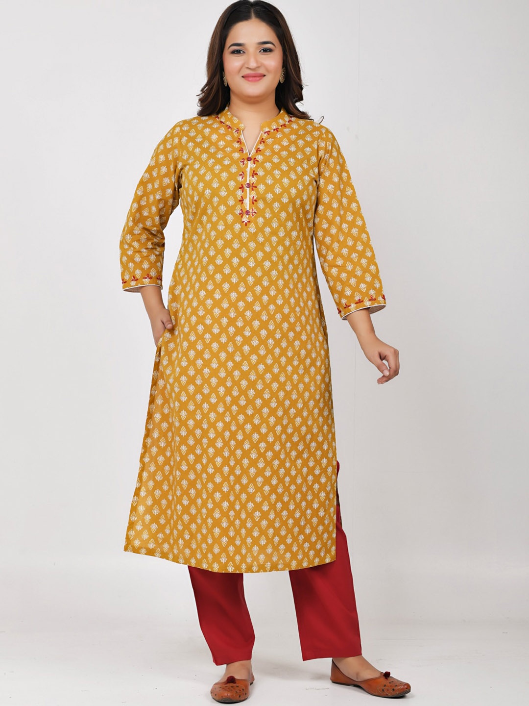 

Jaipuriya Fab Private Limited Floral Printed Regular Pure Cotton Kurta With Trousers, Yellow