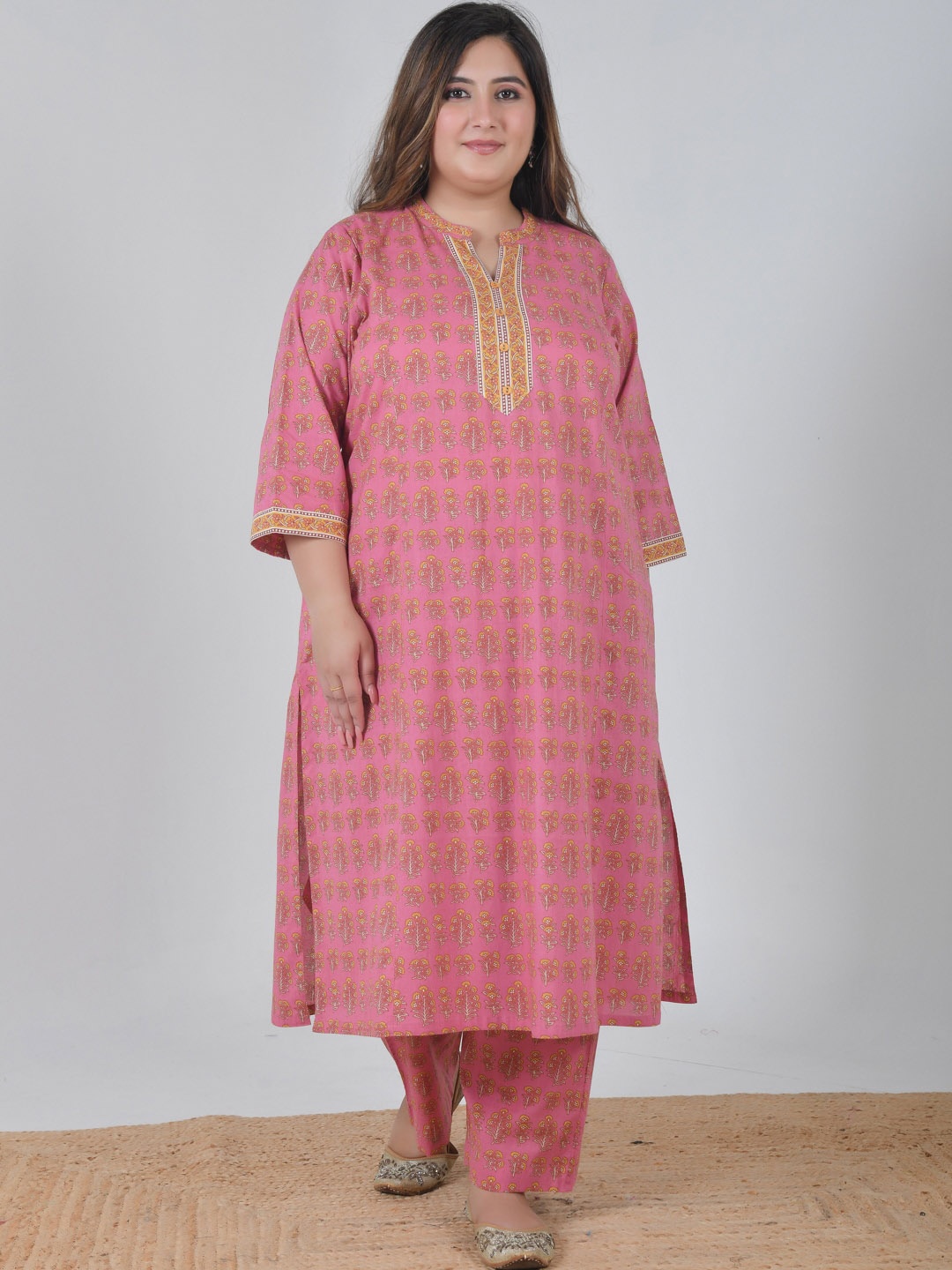 

Jaipuriya Fab Private Limited Plus Size Ethnic Motifs Printed Cotton Straight Kurta, Pink