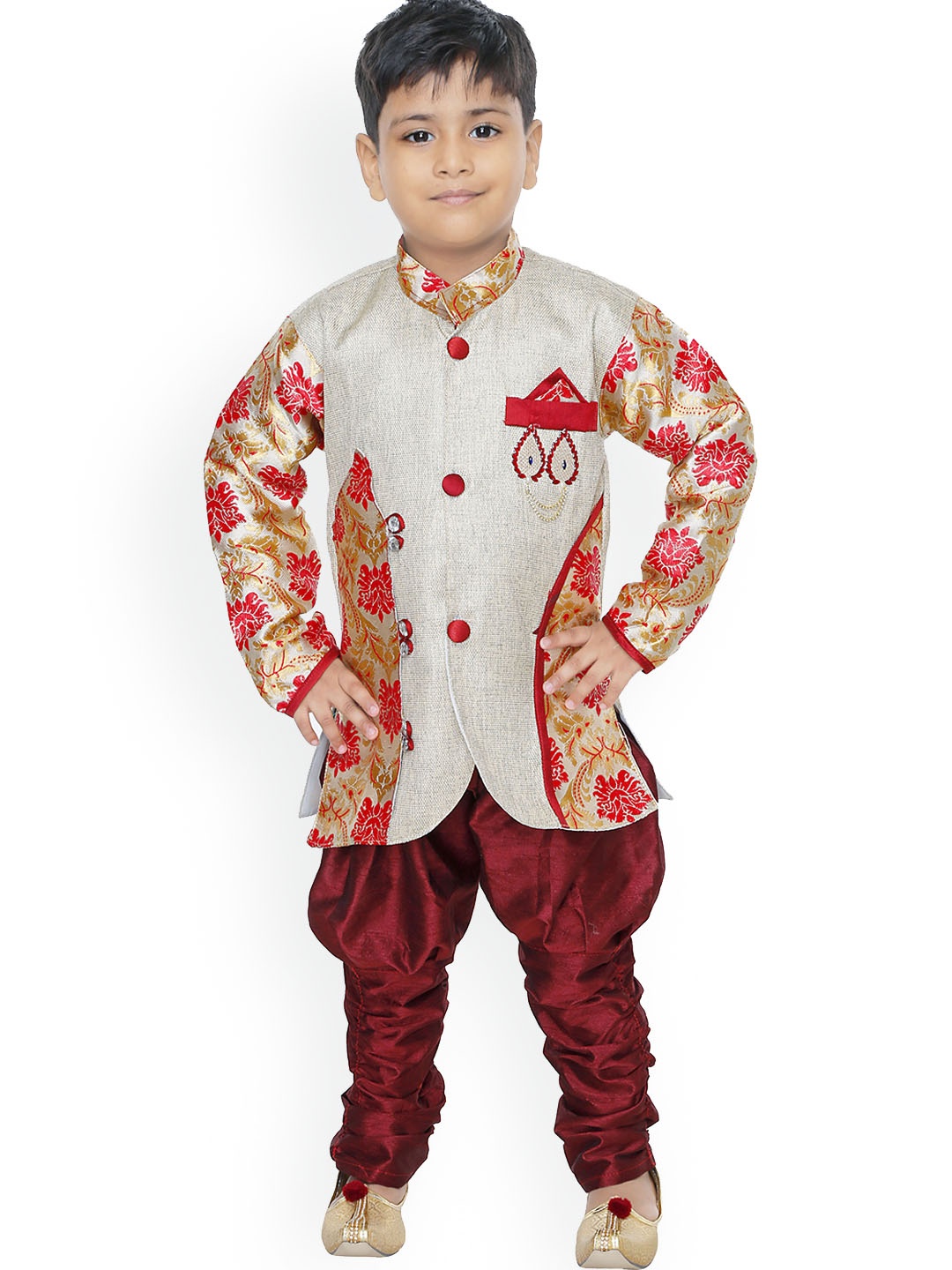 

BAESD Boys Ethnic Motifs Woven Design Sherwani With Jodhpuri Pants, Red