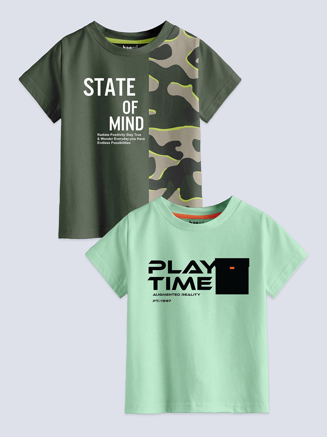 

BAESD Boys Pack Of 2 Typography Printed Pure Cotton T-shirt, Olive