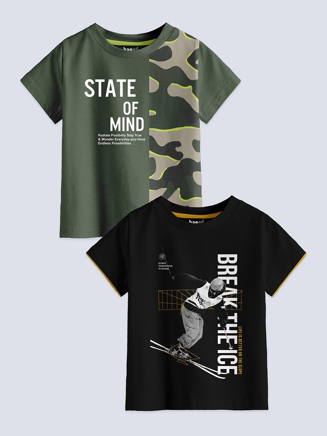 

BAESD Boys Pack Of 2 Typography Printed Pure Cotton T-shirt, Olive