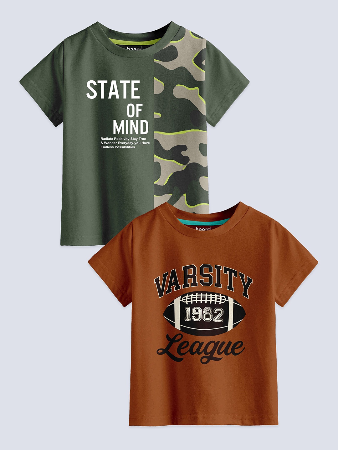 

BAESD Boys Pack Of 2 Typography Printed Pure Cotton T-shirt, Olive