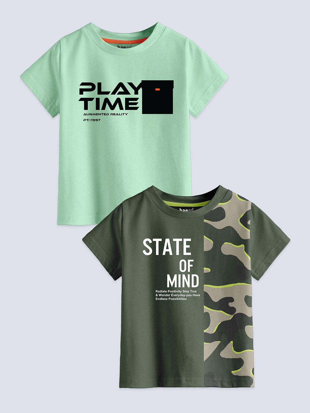 BAESD Boys Pack Of 2 Typography Printed Pure Cotton T-shirt, Green