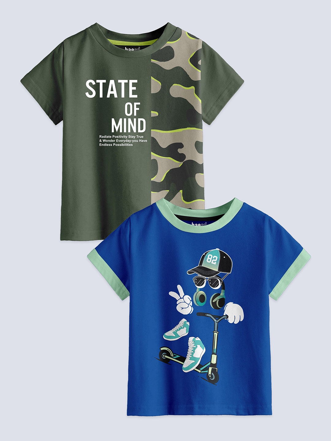 

BAESD Boys Pack of 2 Printed Pure Cotton Round Neck T-Shirts, Olive