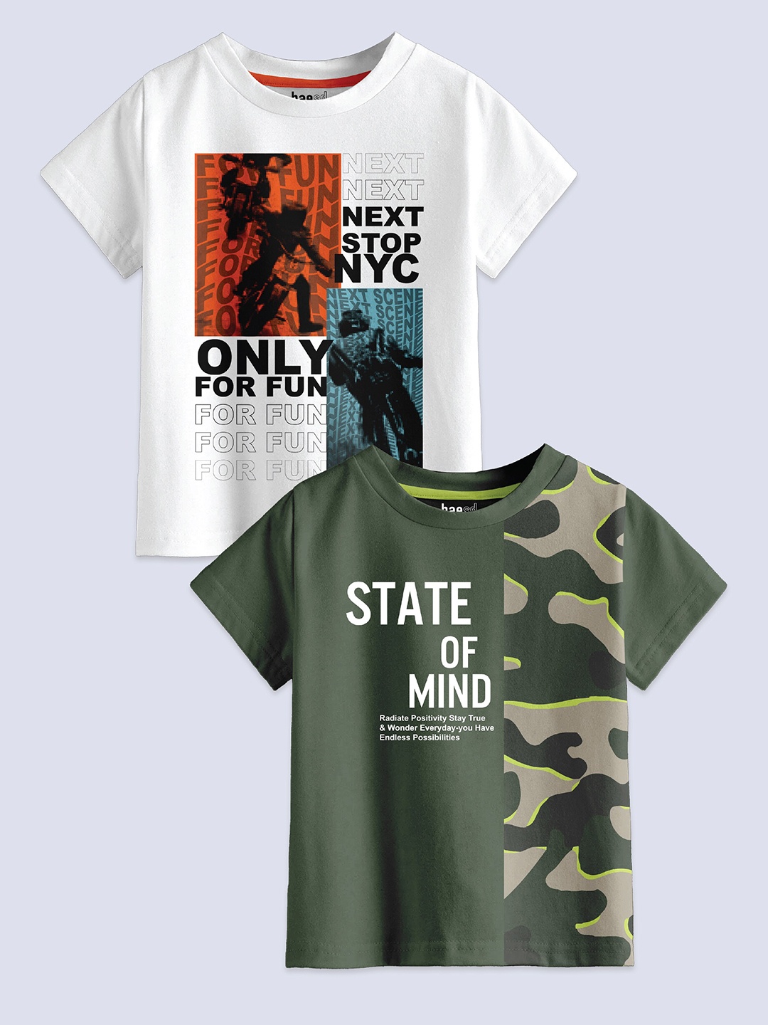 BAESD Boys Pack Of 2 Typography Printed Pure Cotton Casual T-Shirt, Green