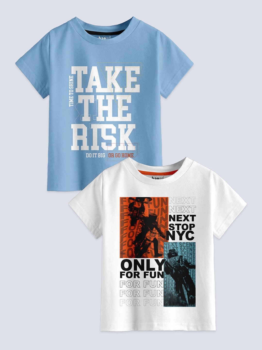 BAESD Boys Pack of 2 Printed Pure Cotton Round Neck T-Shirts, Blue