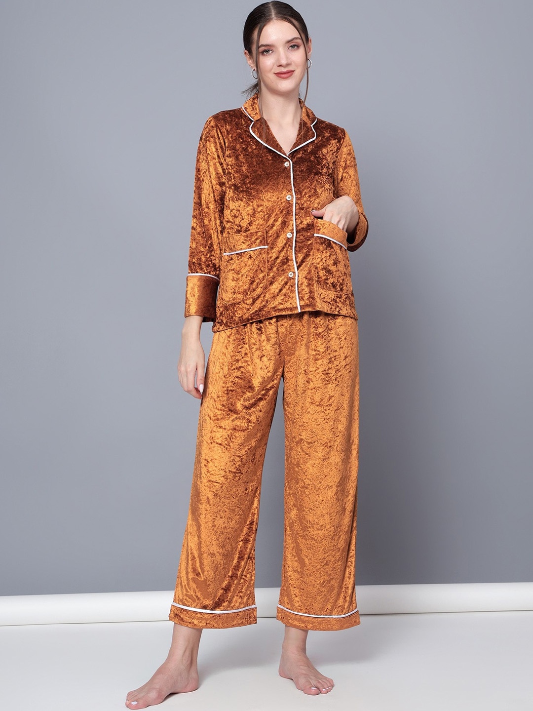 

Golden Kite Self Design Lapel Collar Night Suit, Mustard
