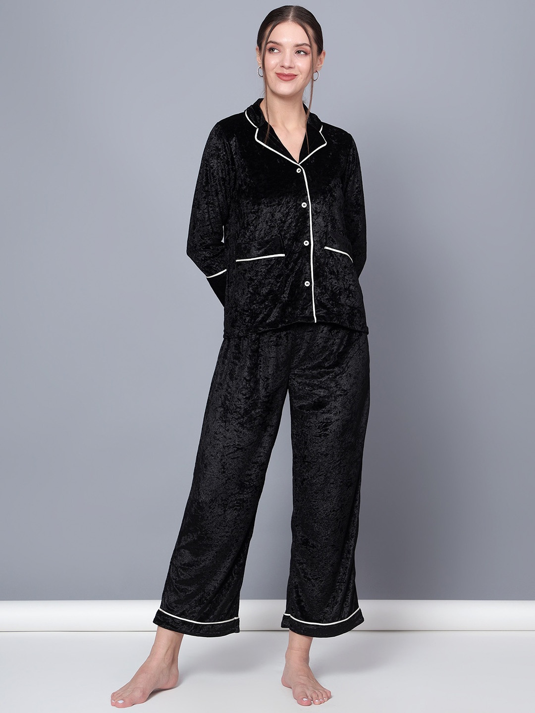 

Golden Kite Self Design Lapel Collar Night Suit, Black
