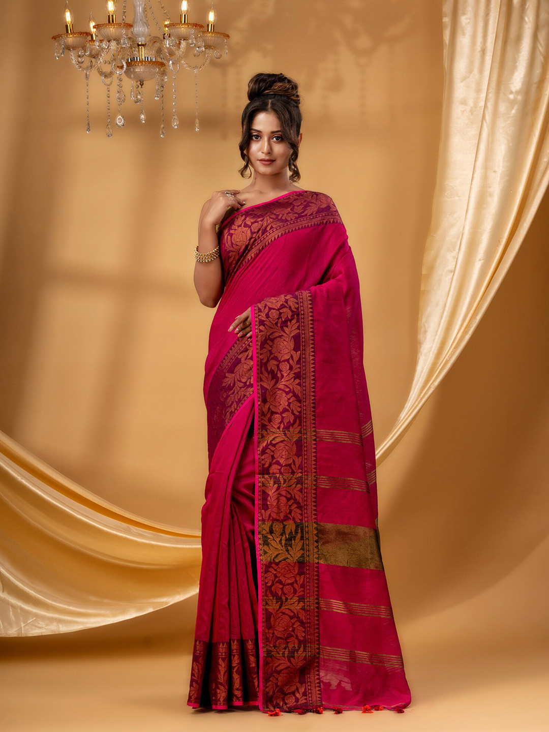 

DESH BIDESH Woven Design Zari Silk Cotton Chanderi Saree, Pink