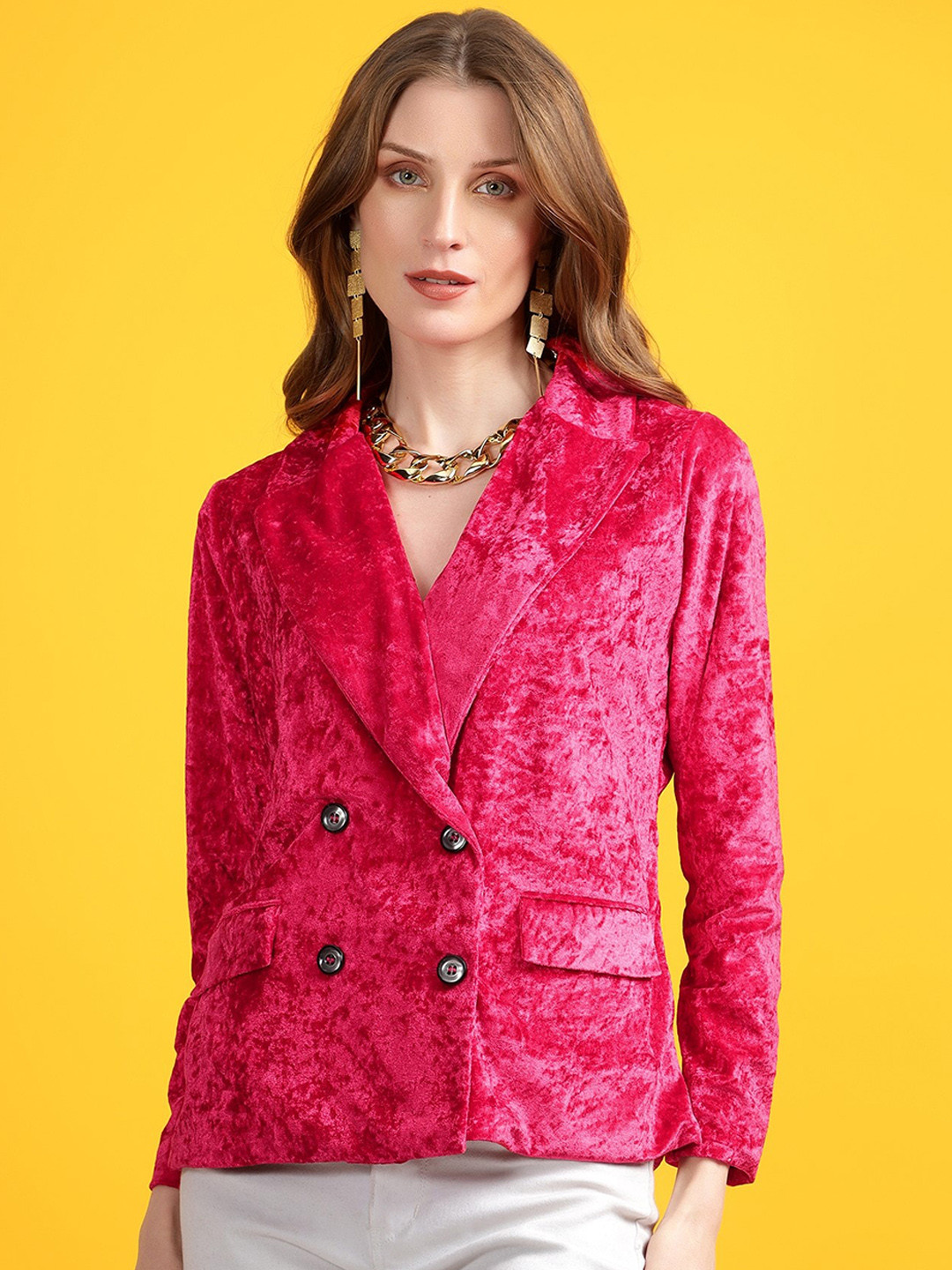 

Golden Kite Self Design Shawl Collar Double-Breasted Blazer, Fuchsia