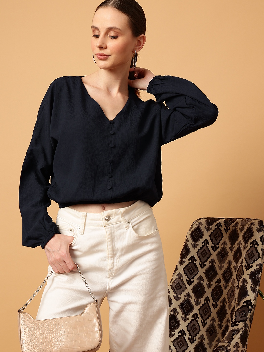 

MINT STREET V-Neck Puff Sleeves Shirt Style Top, Black