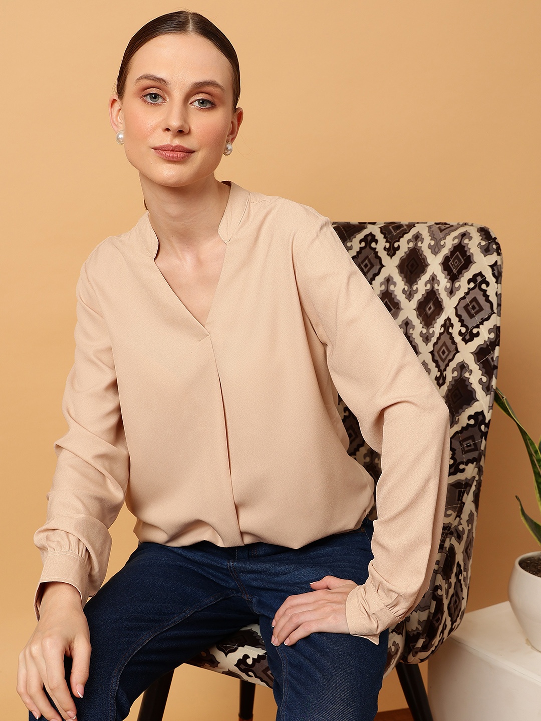 

MINT STREET Mandarin Collar Shirt Style Top, Beige