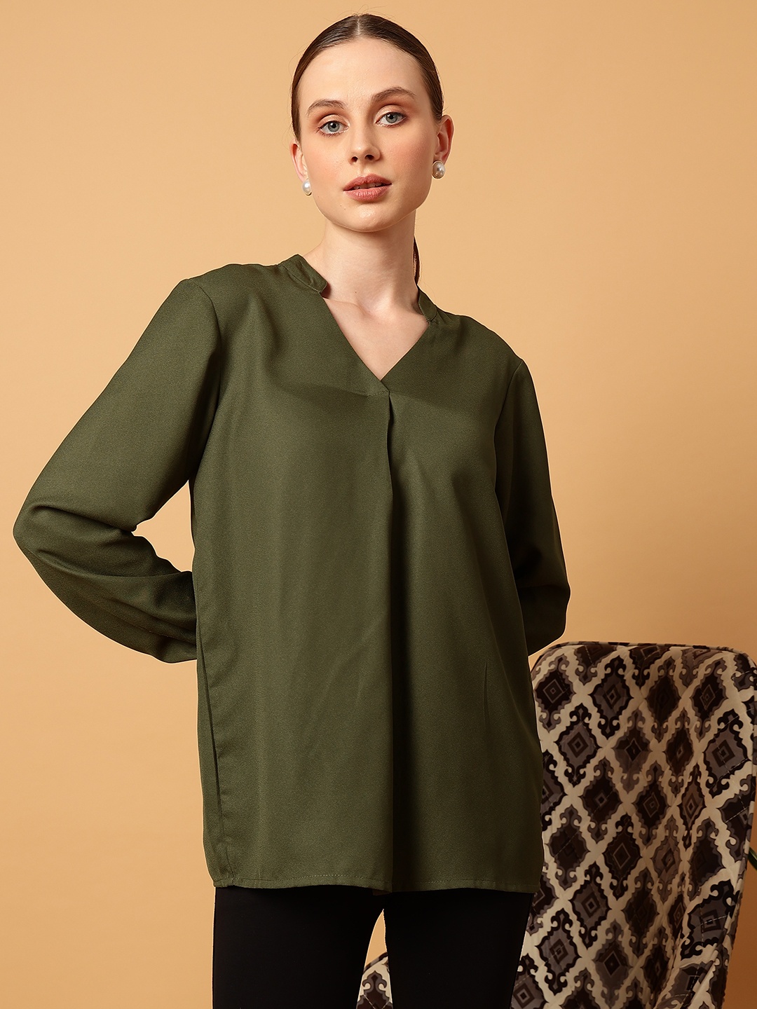 

MINT STREET Mandarin Collar Shirt Style Top, Olive