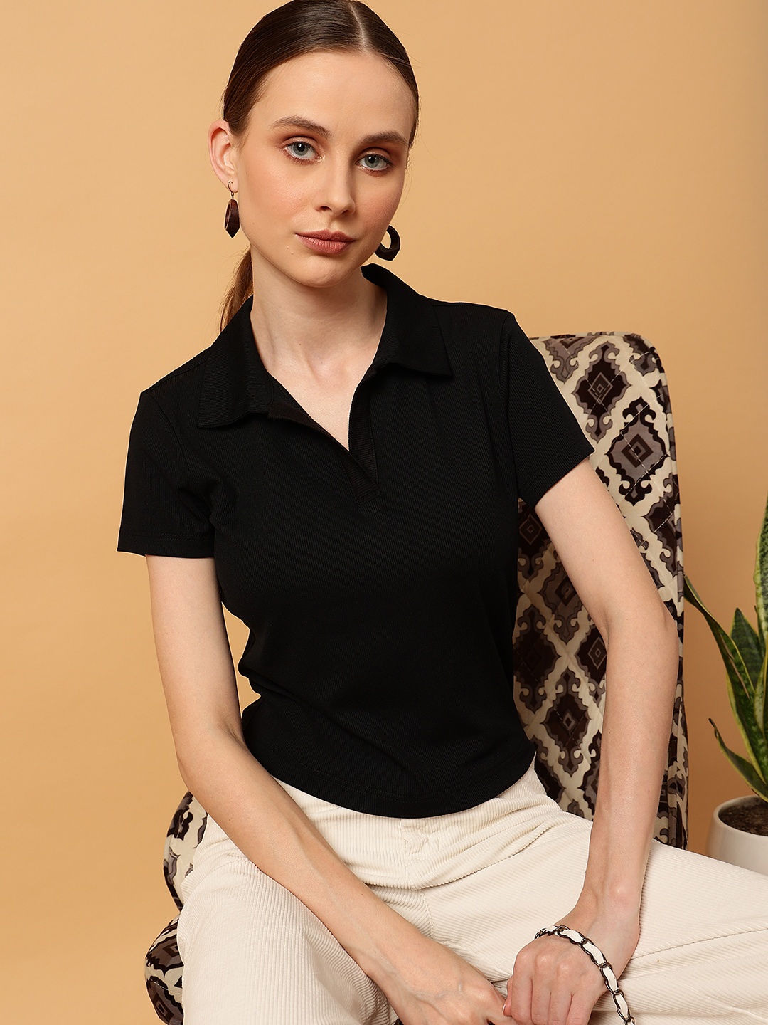 

MINT STREET Slim Fit Polo Collar Knitted Casual T-shirt, Black