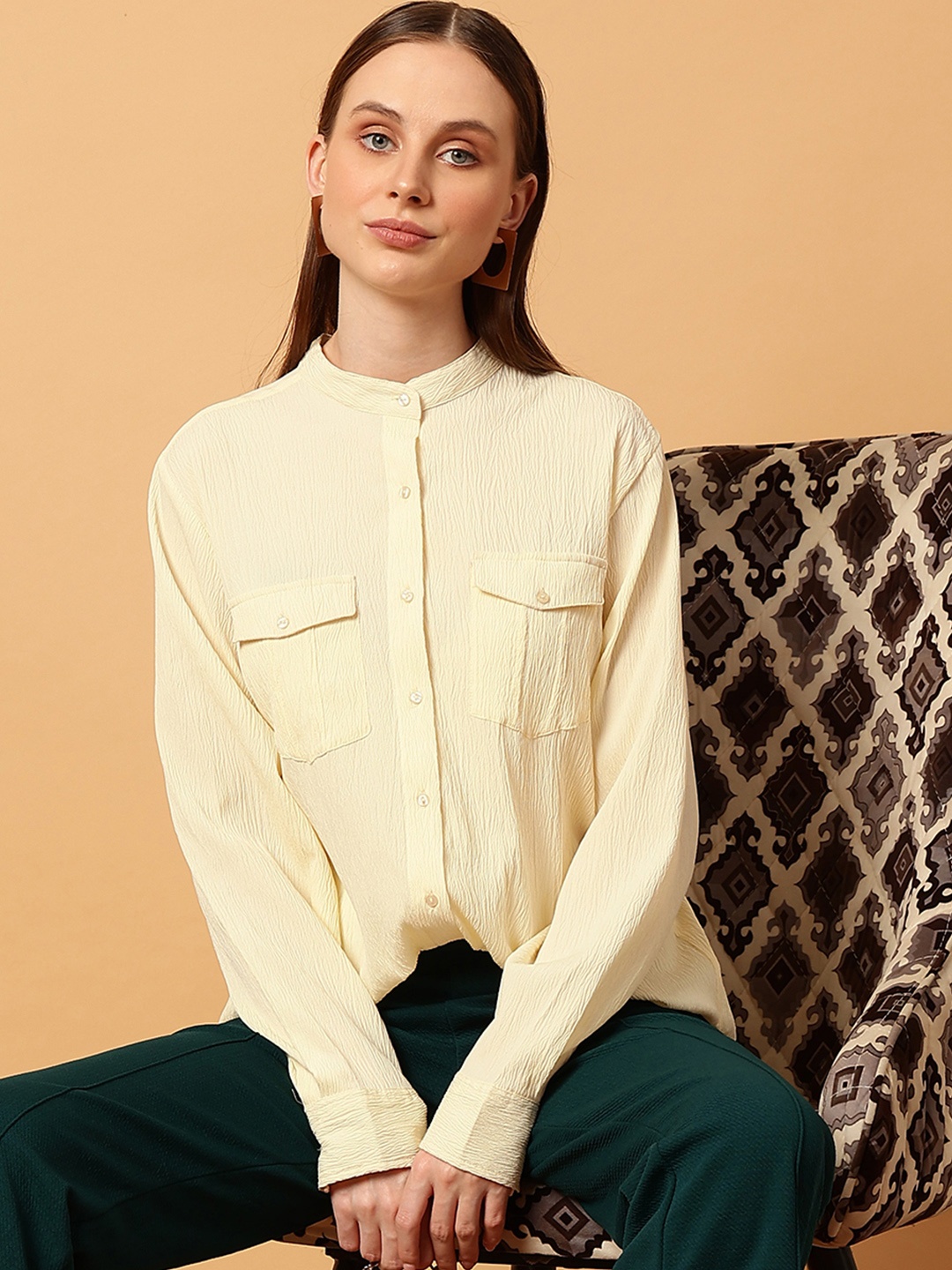 

MINT STREET Band Collar Comfort Casual Shirt, Yellow