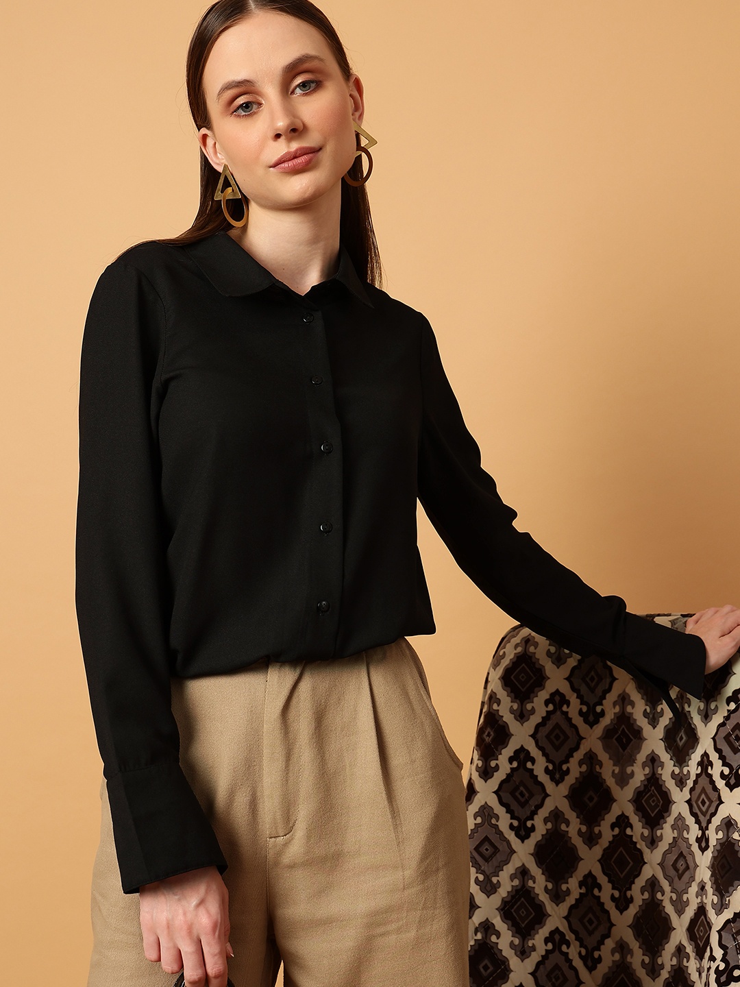 

MINT STREET Comfort Slim Fit Spread Collar Crop Casual Shirt, Black