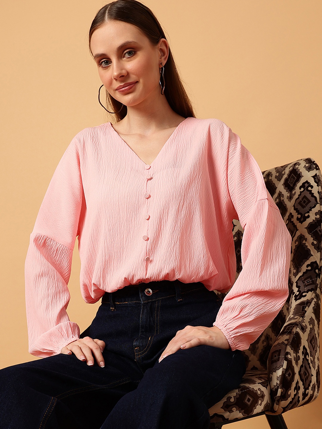 

MINT STREET V-Neck Extended Sleeves Shirt Style Top, Pink