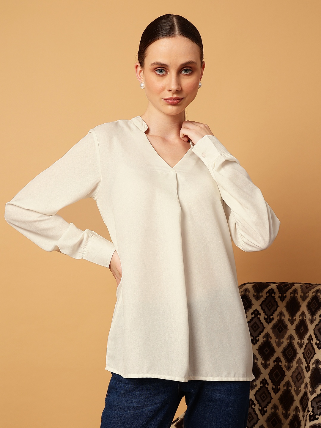 

MINT STREET Mandarin Collar Cuffed Sleeves Longline Georgette Top, Cream