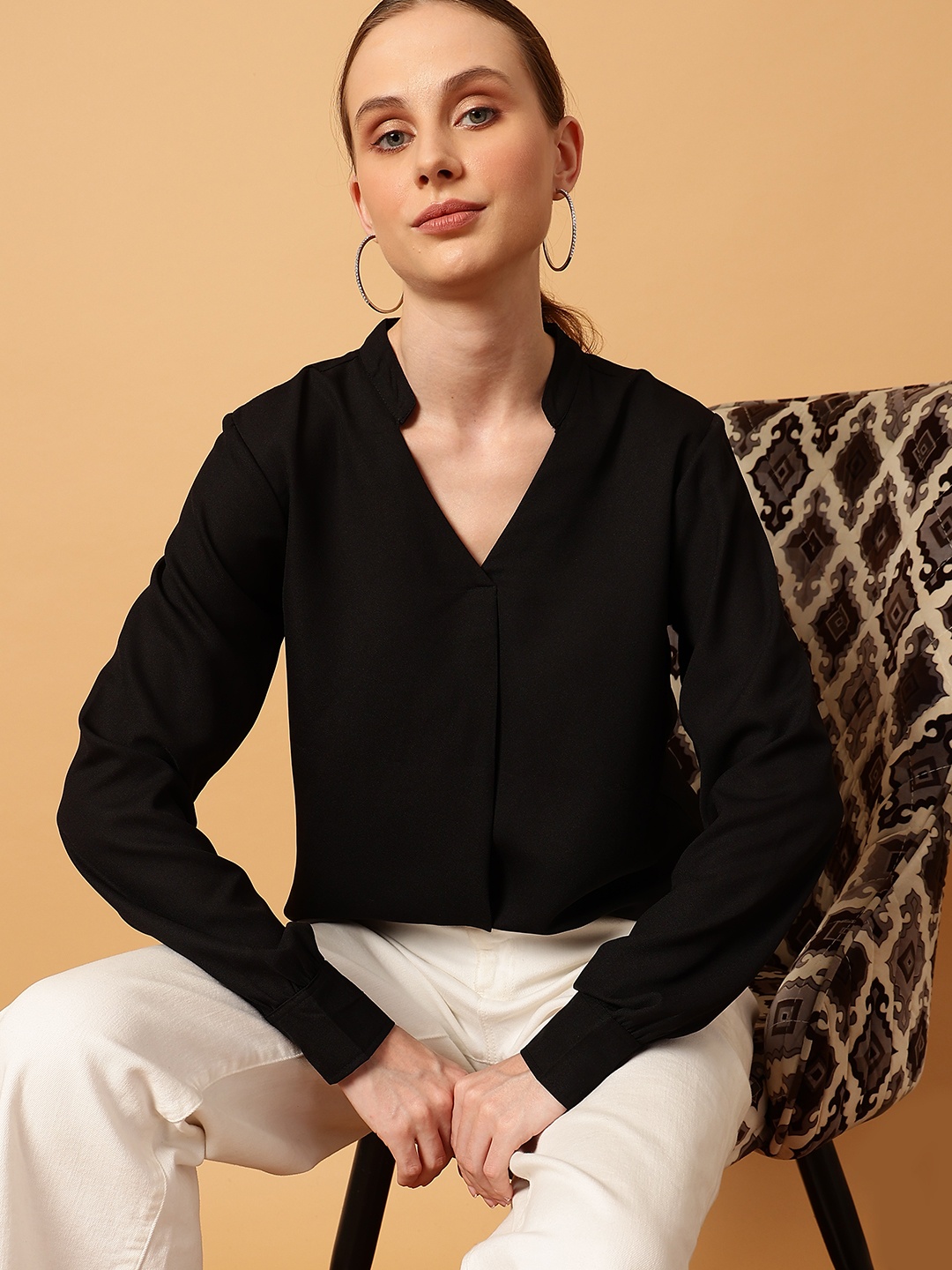 

MINT STREET Mandarin Collar Cuff Sleeves Georgette Casual Top, Black