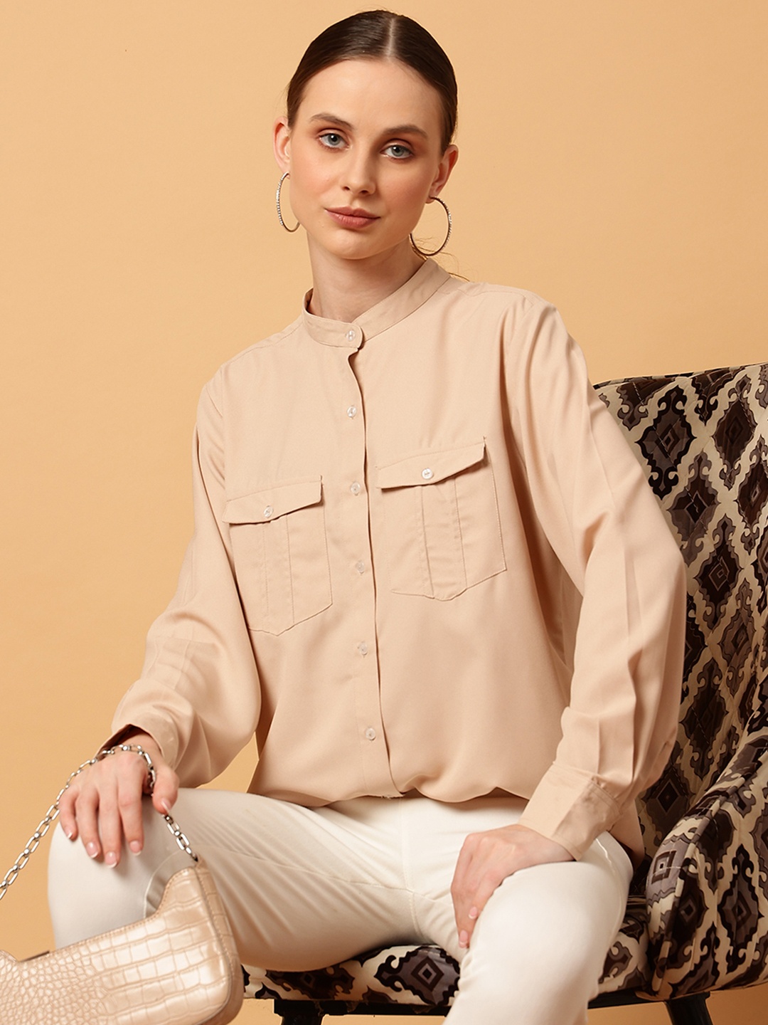 

MINT STREET Comfort Mandarin Collar Casual Shirt, Beige