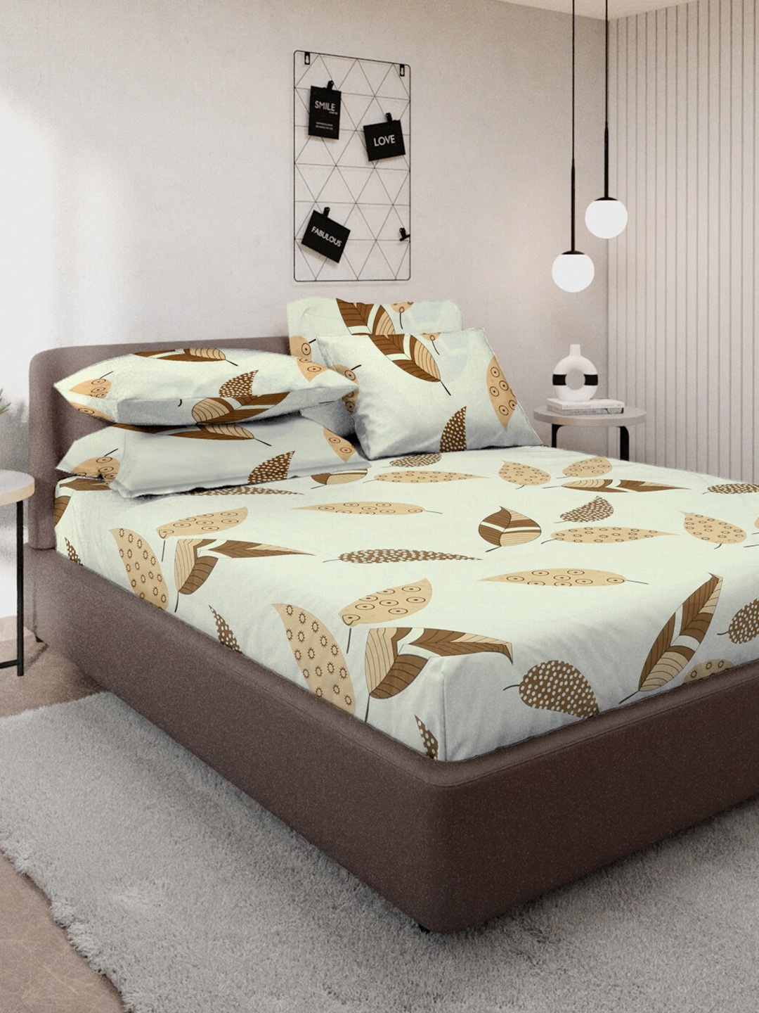 

KLOTTHE White & Brown Floral Printed 300 TC Double King Bedsheet With 4 Pillow Cover