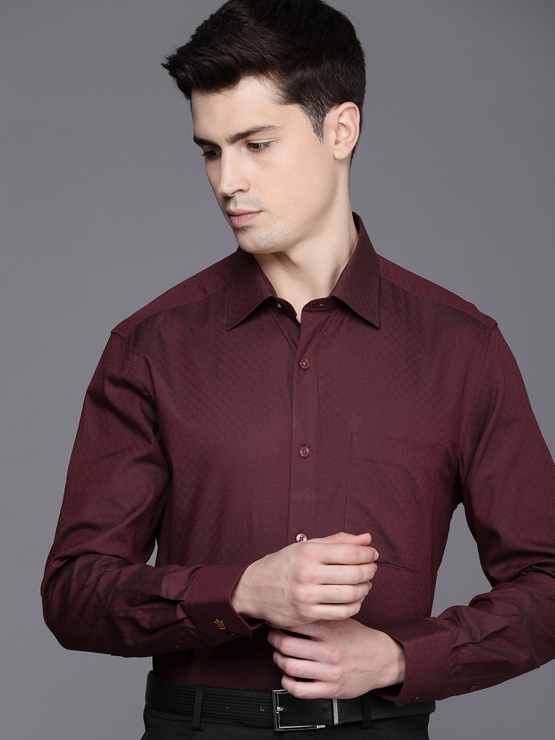 

Louis Philippe Pure Cotton Self Design Textured Classic Fit Formal Shirt, Maroon