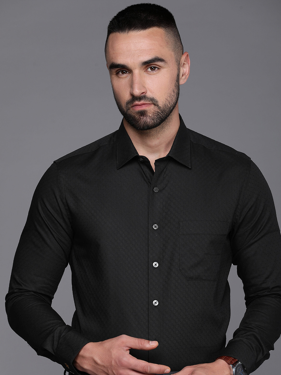 

Louis Philippe Men Slim Fit Textured Pure Cotton Formal Shirt, Black