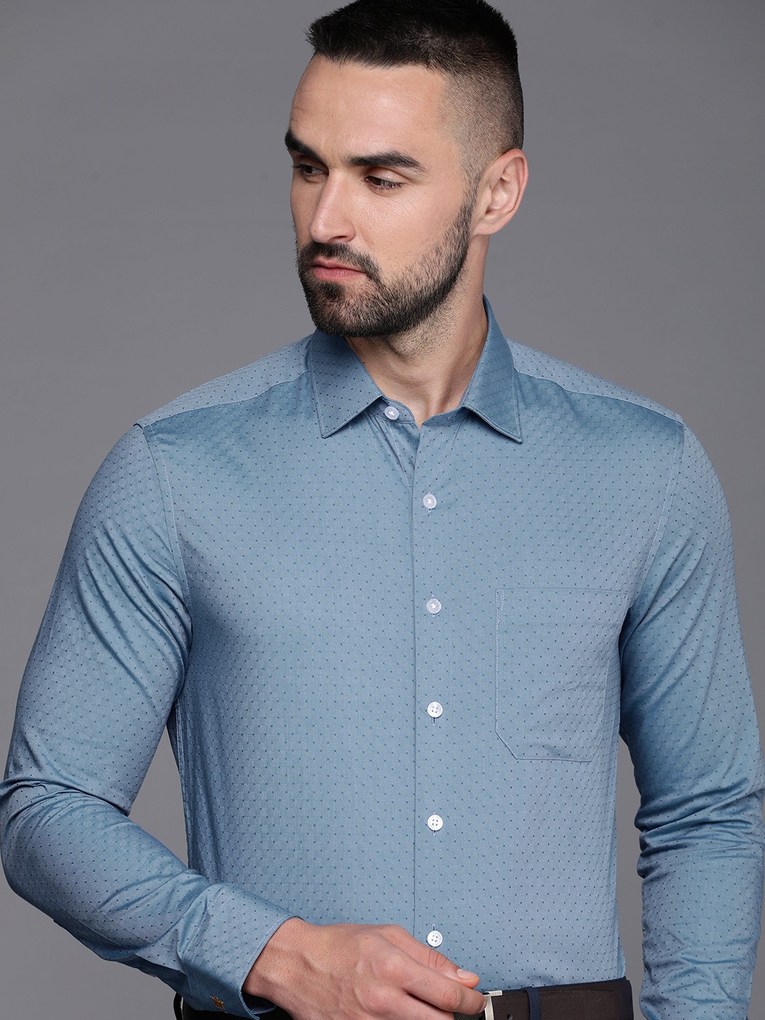 

Louis Philippe Pure Cotton Self Design Textured Slim Fit Opaque Formal Shirt, Blue