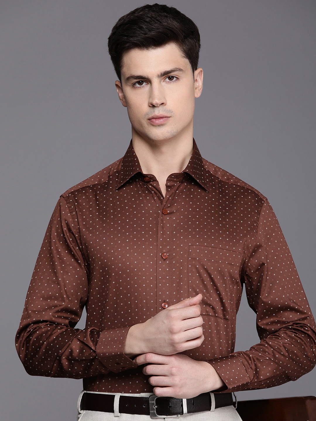 

Louis Philippe Pure Cotton Classic Fit Opaque Printed Formal Shirt, Coffee brown