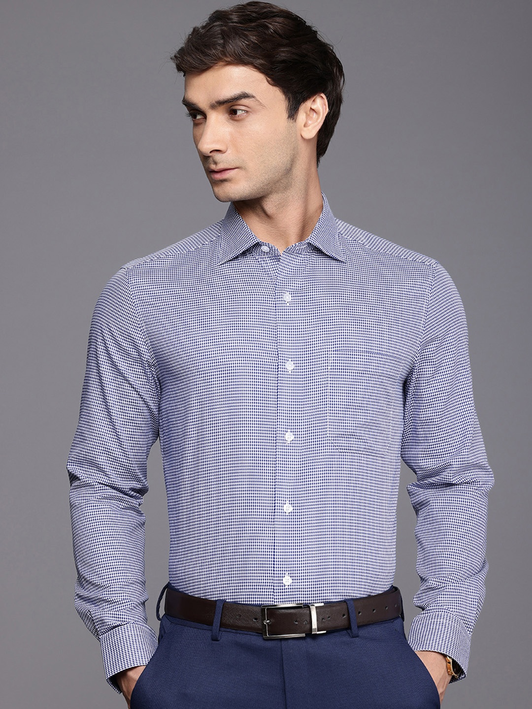 

Louis Philippe Classic Checked Pure Cotton Formal Shirt, Blue