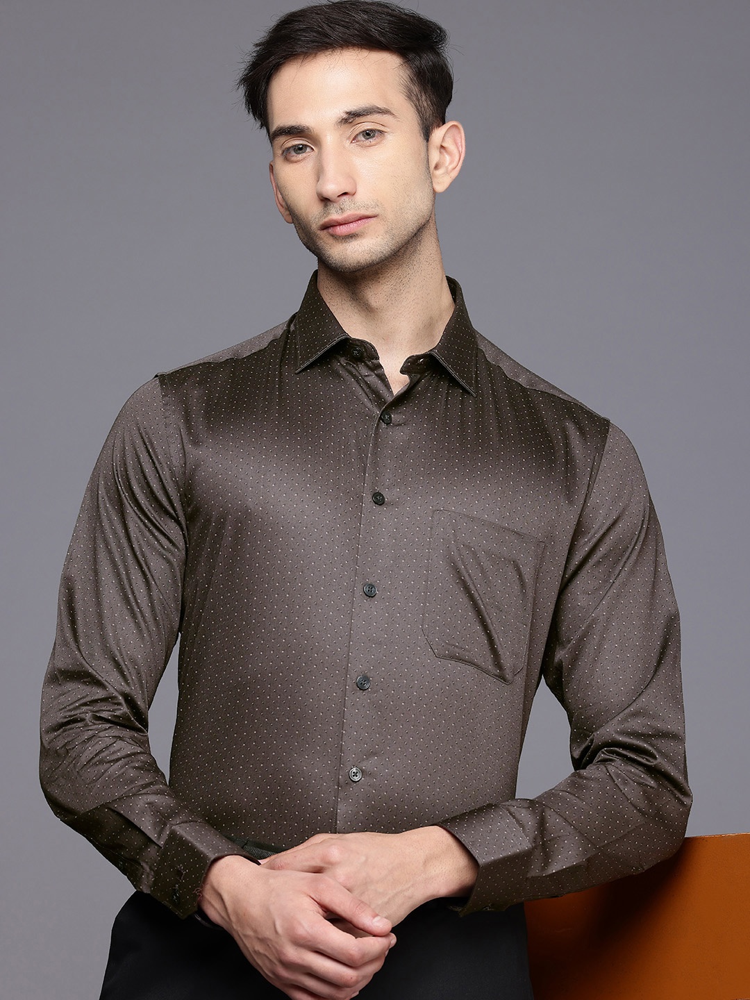 

Louis Philippe Pure Cotton Slim Fit Micro Printed Formal Shirt, Coffee brown