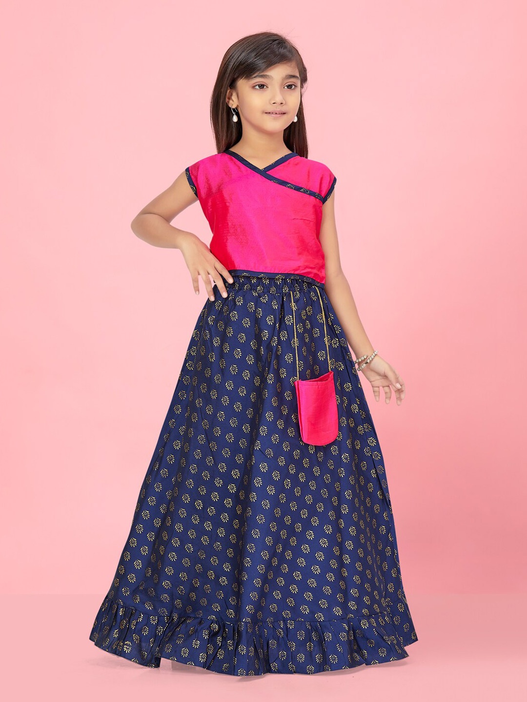 

BAESD Girls Ethnic Motifs Printed Lehenga Choli With Sling Bag, Pink