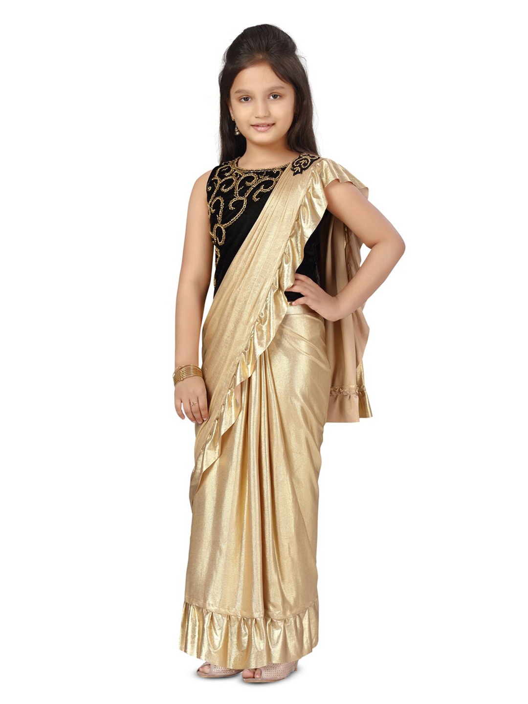 

BAESD Girls Ruffled Ready to Wear Saree, Black
