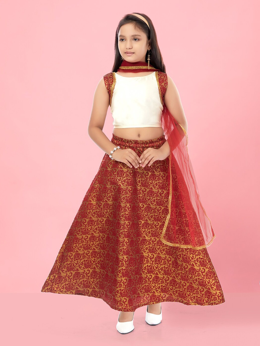 

BAESD Girls Ethnic Motifs Woven Design Lehenga Choli With Dupatta, Off white