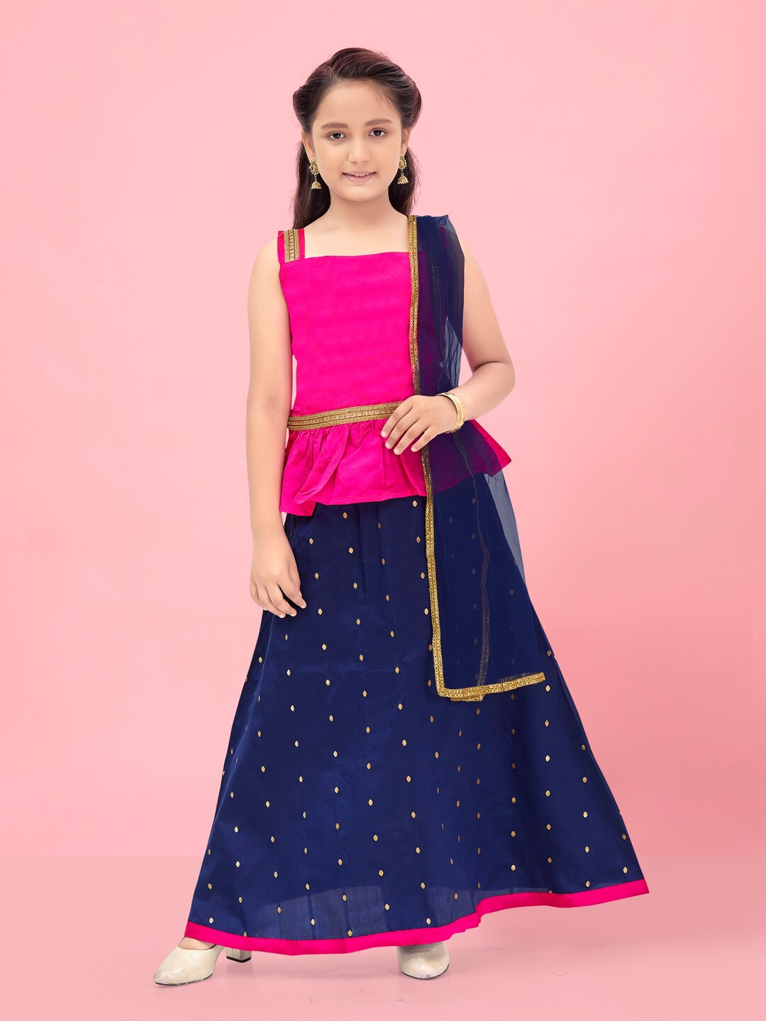 

BAESD Girls Square Neck Sleeveless Ready to Wear Lehenga & Blouse With Dupatta, Pink