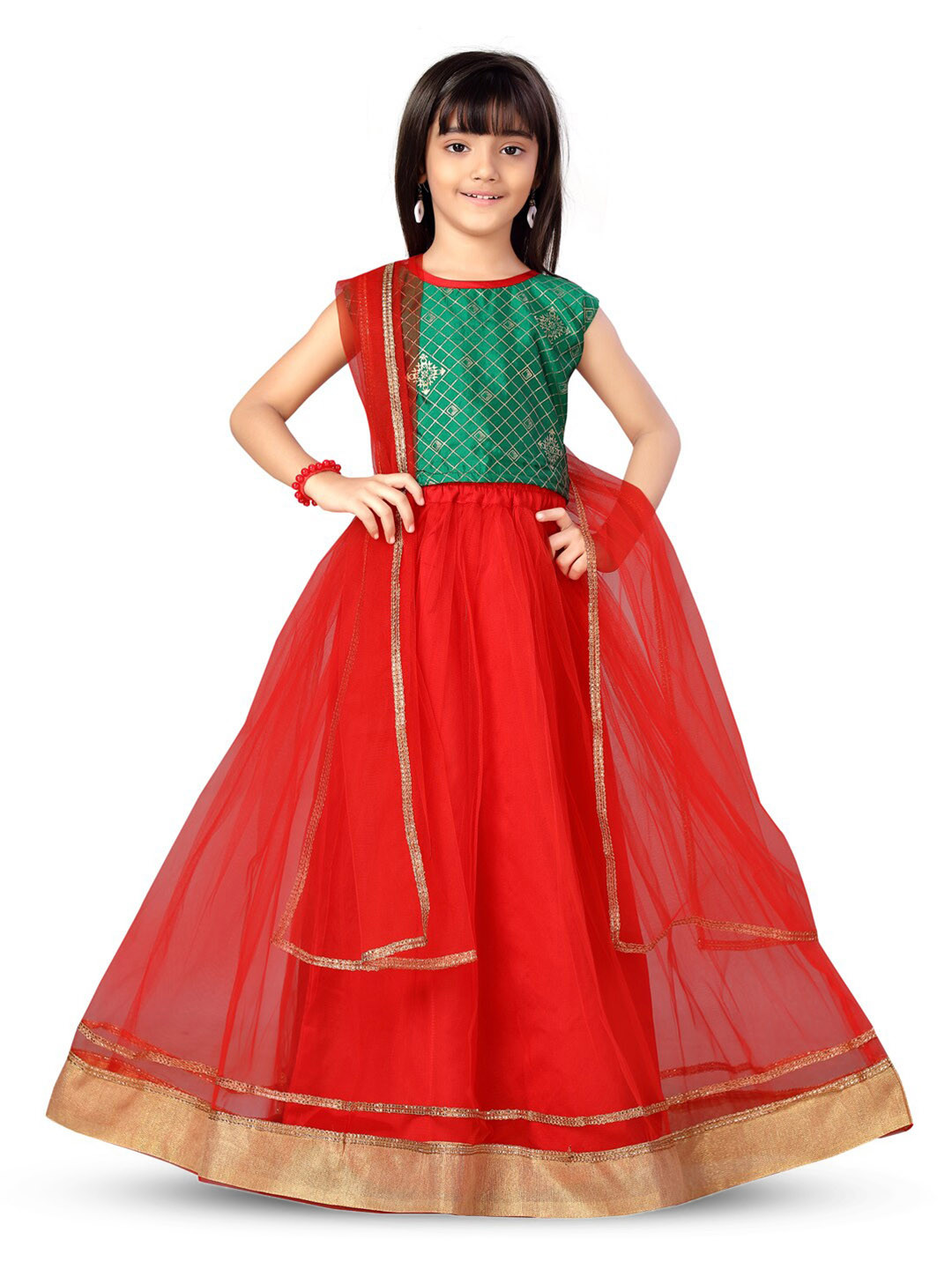 

BAESD Girls Printed Ready to Wear Lehenga & Blouse With Dupatta, Green